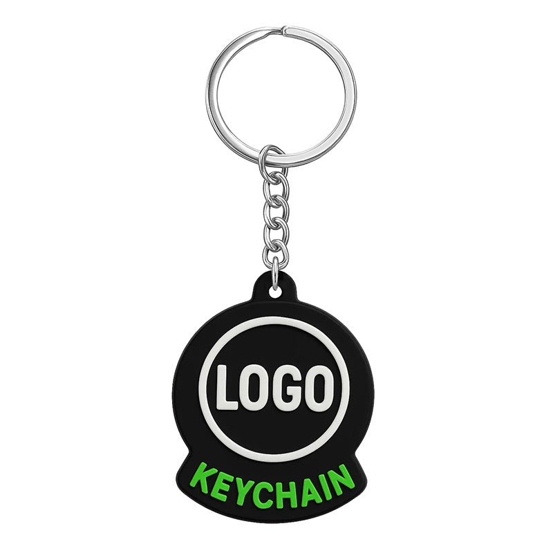 Custom PVC keychain sample; corporate branded merchandise; promotional keychains with company logo.