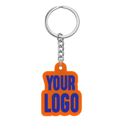 PVC keychain sample with company logo; custom promotional merchandise; branded keychains for giveaways.