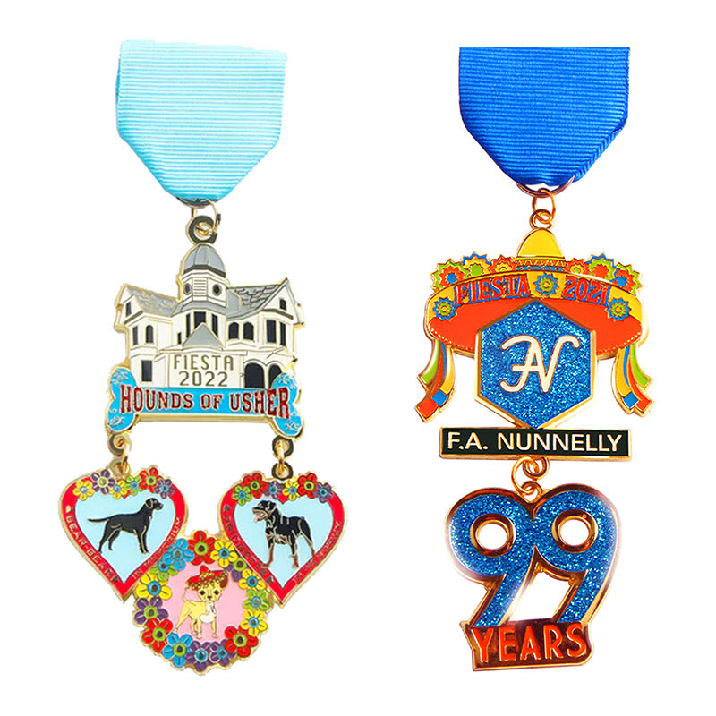 Colorful Fiesta medals with various dangler charms for San Antonio Fiesta events