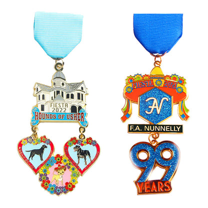 Colorful Fiesta medals with various dangler charms for San Antonio Fiesta events