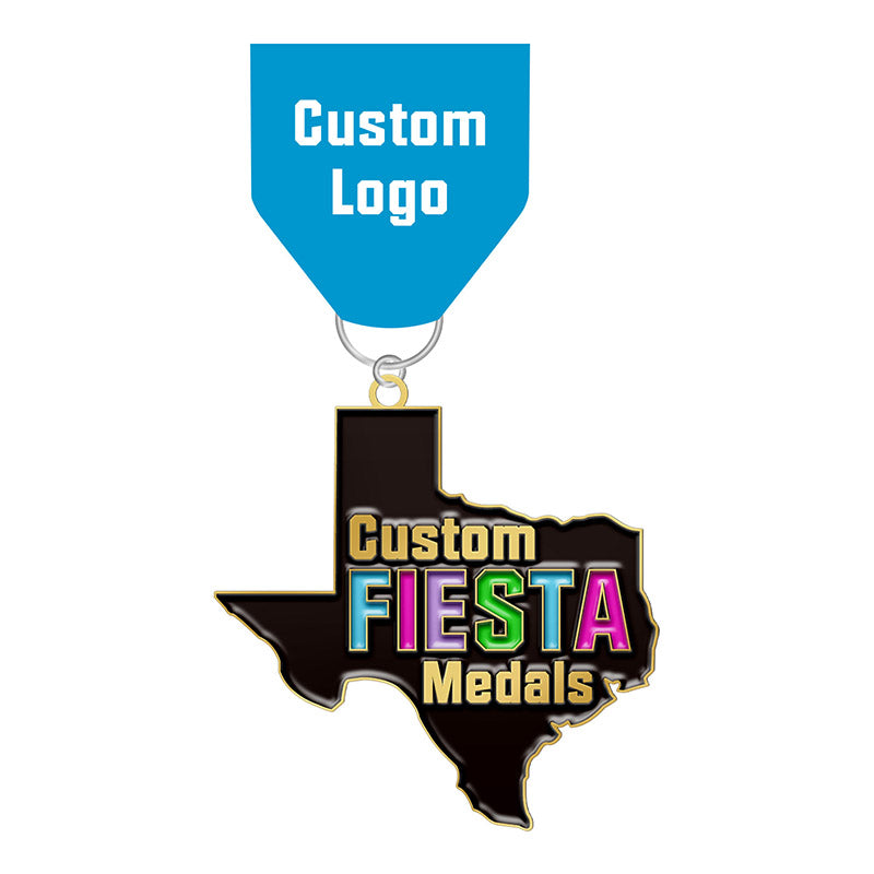 Custom Fiesta Medals shaped like the state of Texas with custom ribbon