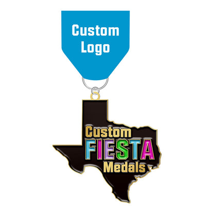 Custom Fiesta Medals shaped like the state of Texas with custom ribbon
