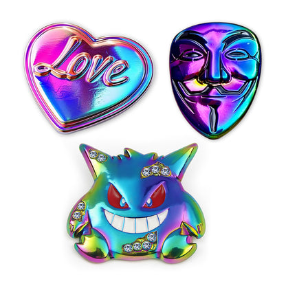 Custom 3D pin with rainbow anodized plating; vibrant color-shift finish