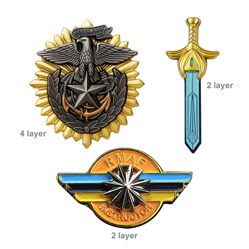 Custom 3D pin with 2-4 multilayer metal construction; sculpted depth