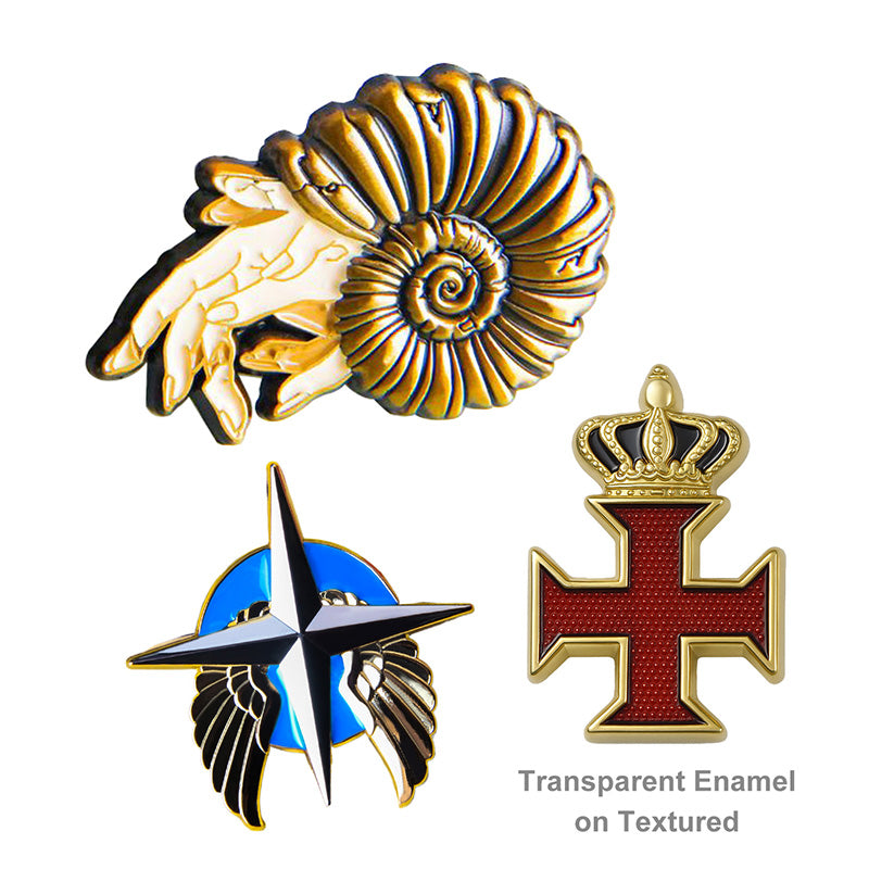 Custom 3D pin with enamel coloring; raised metal + filled enamel