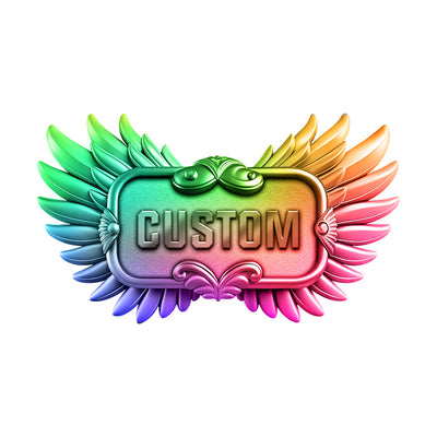3D custom pin with rectangular border and wing details, rainbow plating adds vibrant metallic color