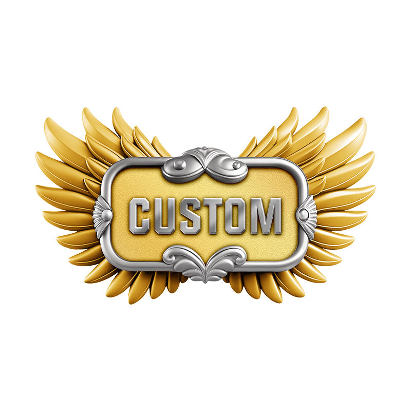 custom 3D metal pin with rectangle frame and sculpted wings, gold plated for premium finish
