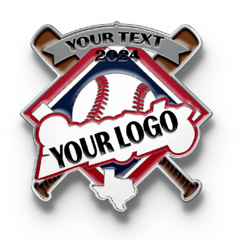 Custom baseball trading pin design featuring crossed bats, a USA-themed diamond, Texas map, and areas for your custom text, year, and logo.