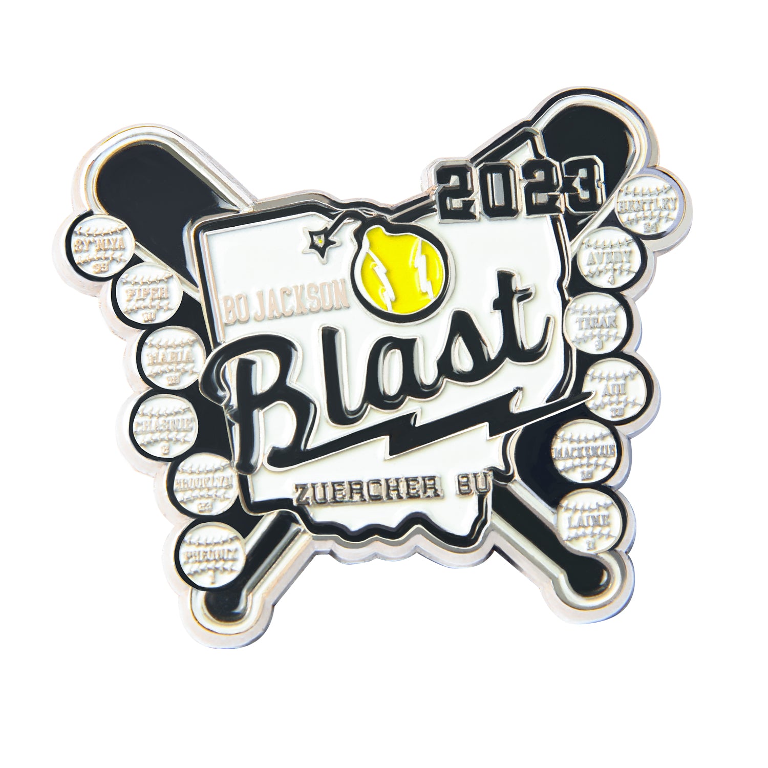 Custom baseball trading pin with crossed black bats framing a white central plaque displaying "BLAST" text, a yellow ball struck by a lightning bolt, the year "2023", and surrounding player name circles, all with custom team text.