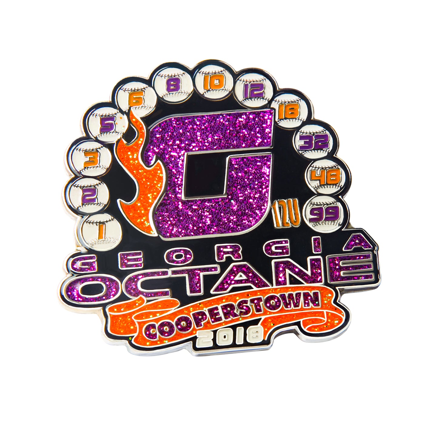Custom baseball trading pin with a purple glitter letter G and orange flames, surrounded by white baseballs and numbers, featuring custom text.
