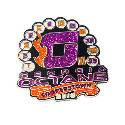 Custom baseball trading pin with a purple glitter letter G and orange flames, surrounded by white baseballs and numbers, featuring custom text.