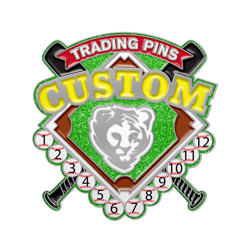 Custom baseball trading pin design with a glittering green diamond center, a white tiger head, crossed bats, numbered baseballs, and custom text banners.