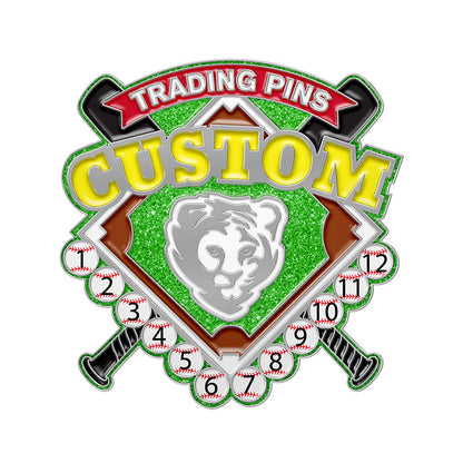 Custom baseball trading pin design with a glittering green diamond center, a white tiger head, crossed bats, numbered baseballs, and custom text banners.