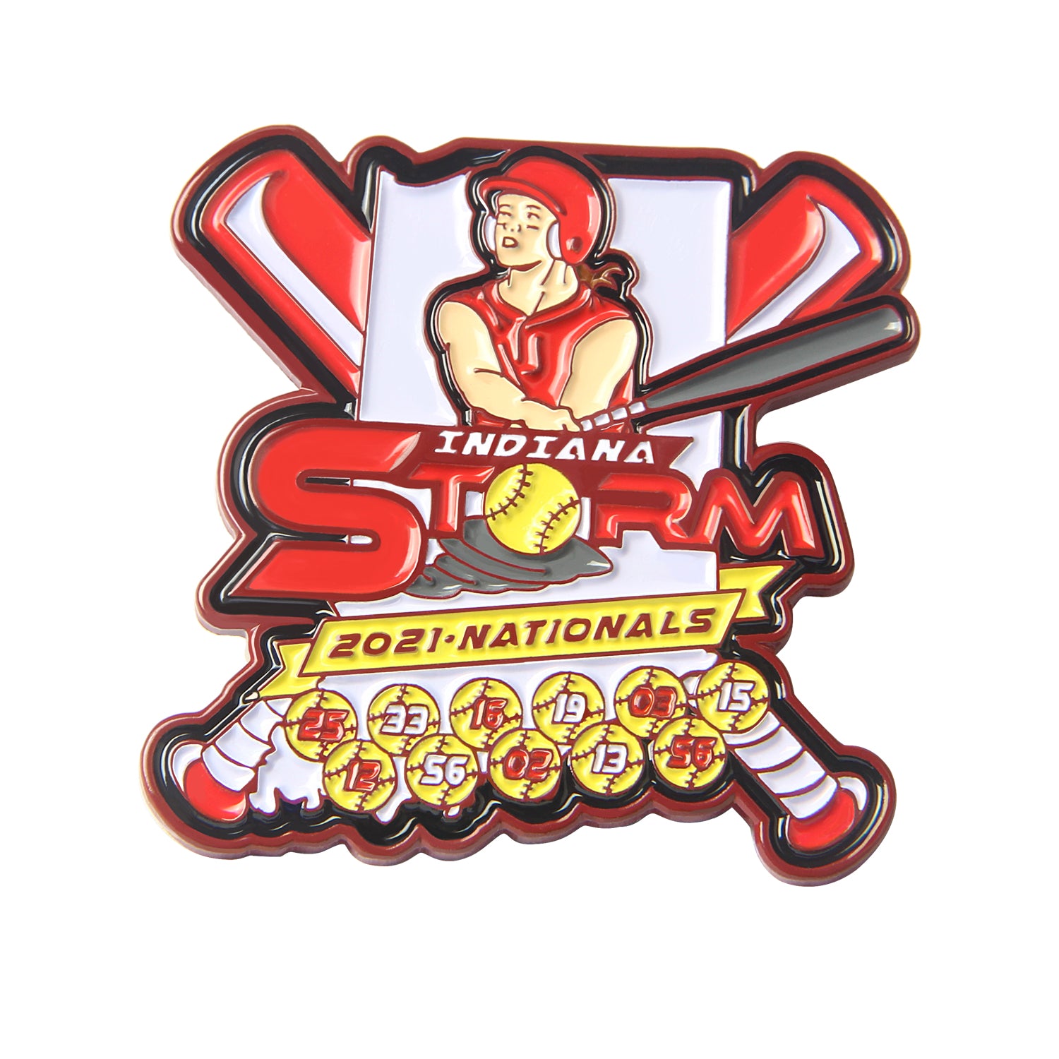 Custom baseball trading pin featuring a female batter in red, crossed bats, and yellow baseballs with numbers, with custom "Indiana Storm" and "2021 Nationals" text.