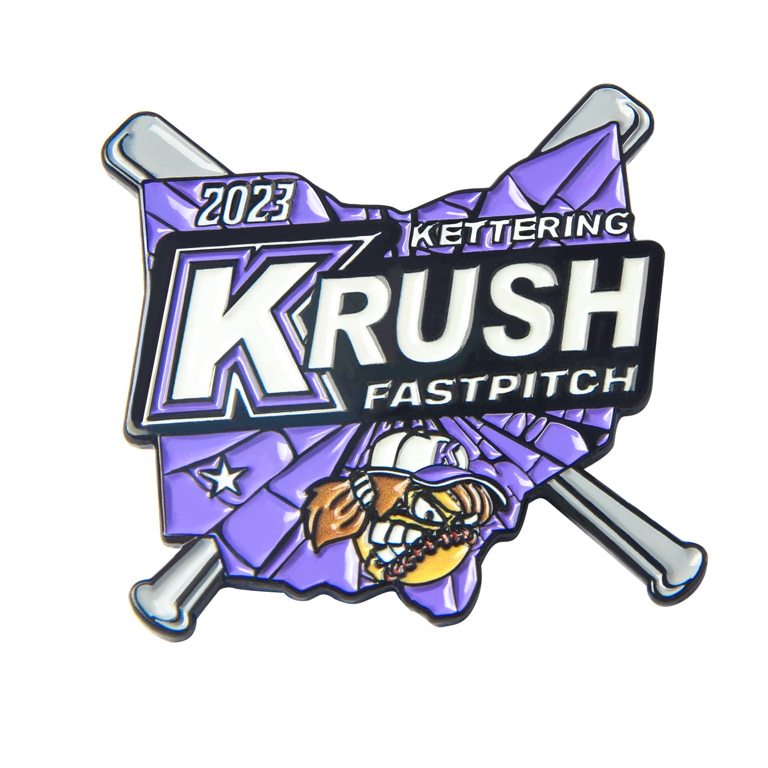 Custom baseball trading pin in a flag shape with a large letter K, a grinning cartoon mascot, and crossed silver bats, featuring custom team text.
