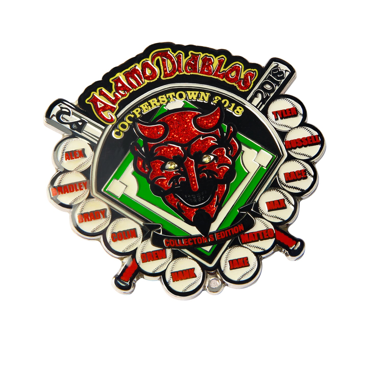 Custom baseball trading pin for the Alamo Diablos team, featuring a red glitter devil head with gold horns on a green diamond infield, player names on baseballs, with team name and Cooperstown 2018 text.