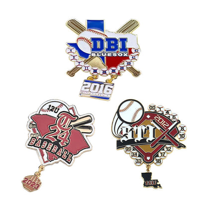 Three custom dangle charm trading pins with a baseball theme, each depicting a unique design with baseball bats, ball motifs, and state-shaped or team-themed pendants, all featuring custom team text.