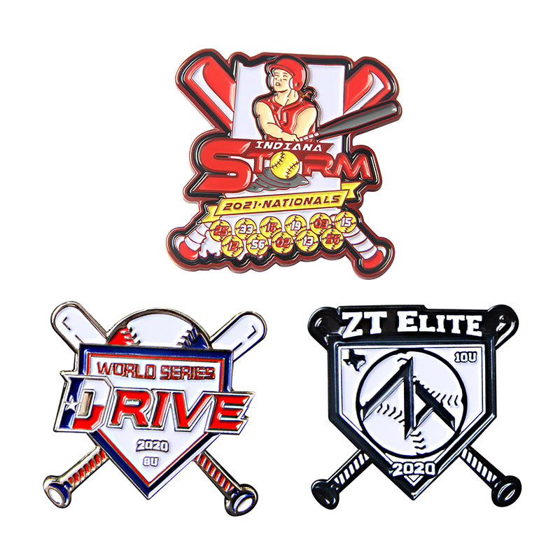 Three custom soft enamel baseball trading pins with crossed bats, featuring red/yellow, red/white/blue, and black/white color schemes with team names, events, and years.
