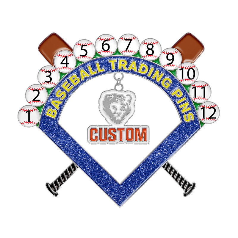 Custom baseball trading pins design with a silver dangler bear head charm, crossed bats, numbered baseballs, a blue glitter V-shape, and featuring custom text.