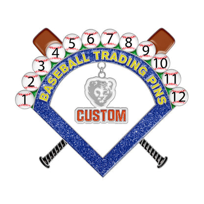 Custom baseball trading pins design with a silver dangler bear head charm, crossed bats, numbered baseballs, a blue glitter V-shape, and featuring custom text.