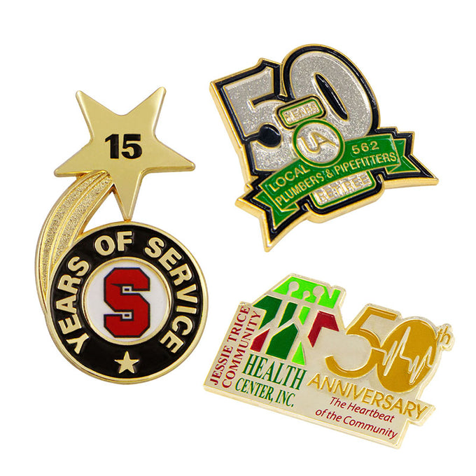 Custom Award Pins Displaying Three Distinct Commemorative Badges For 15 Years Service 50th Union And Health Center Anniversaries With Gold And Silver Finishes Featuring Custom Text