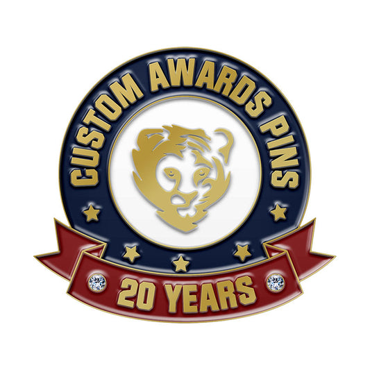 Custom Award Pins in Gold with 3D Raised Sculpted Lion Head on Red Banner Featuring Custom Text and Diamond Accents