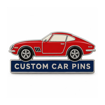 Red custom car enamel pin with silver trim on a clean white background