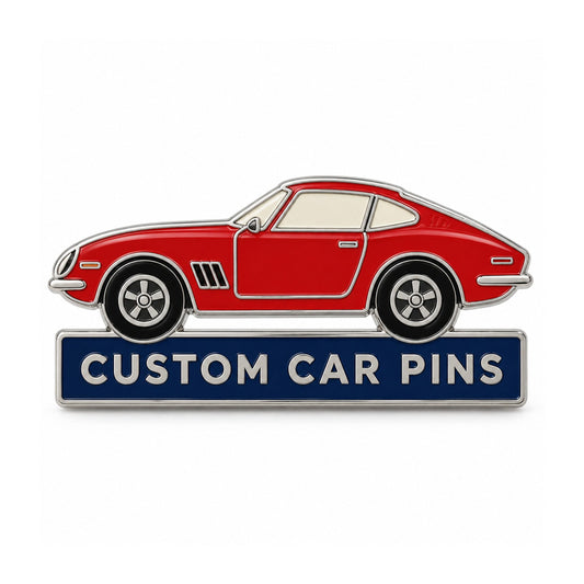 Red custom car enamel pin with silver trim on a clean white background