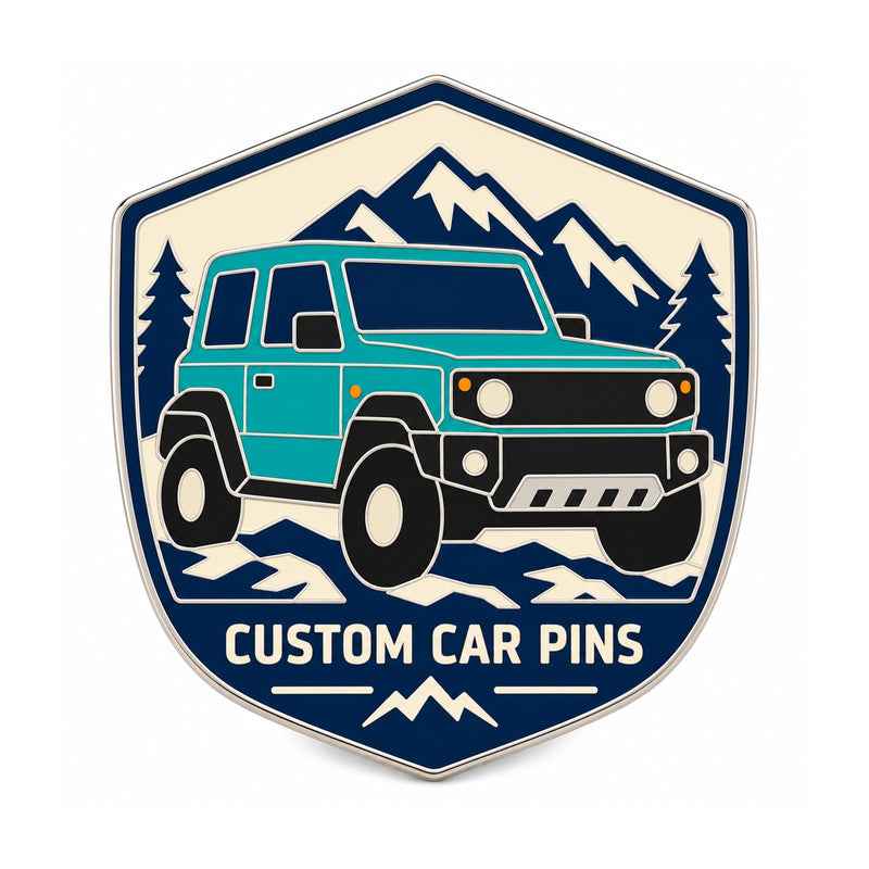 Teal off-road vehicle custom car pin with mountain design on white background