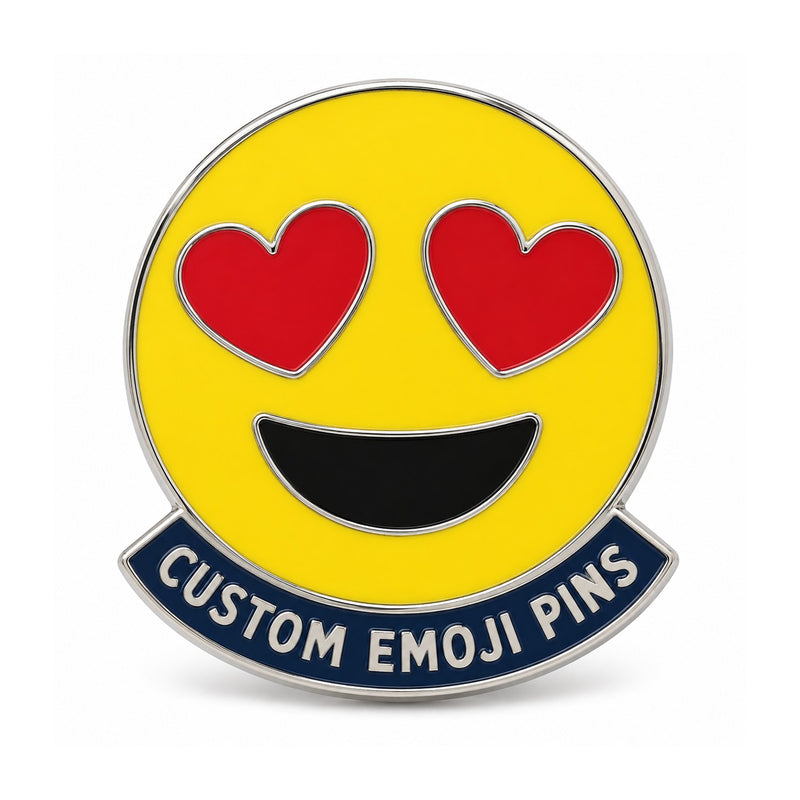 Yellow heart-eyes custom emoji enamel pin on a clean white background