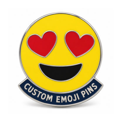 Yellow heart-eyes custom emoji enamel pin on a clean white background