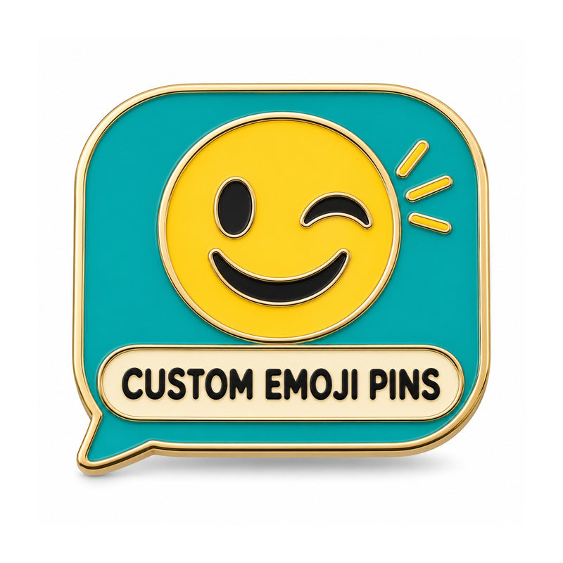 Winking yellow custom emoji pin in a teal speech bubble on white