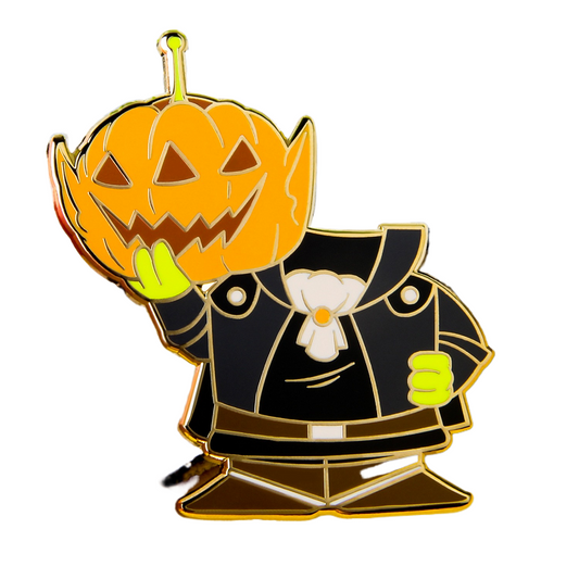 A custom metal pin with a character designed to look like a witch holding a pumpkin on her head. The pin features multiple colors and details, representing a festive Halloween theme.