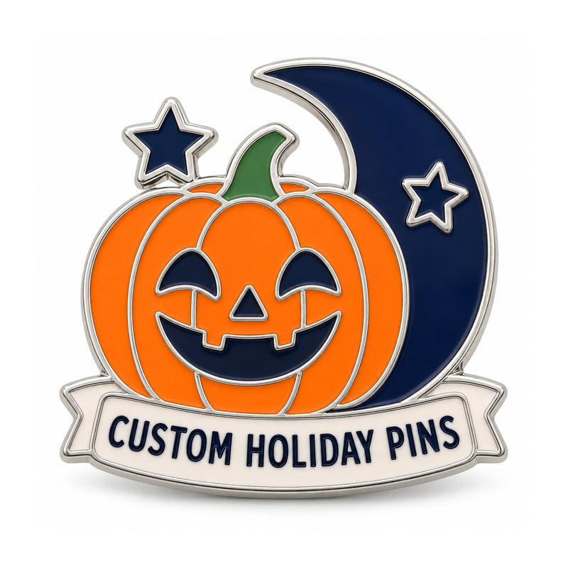 Halloween pumpkin and crescent moon custom holiday pin on white