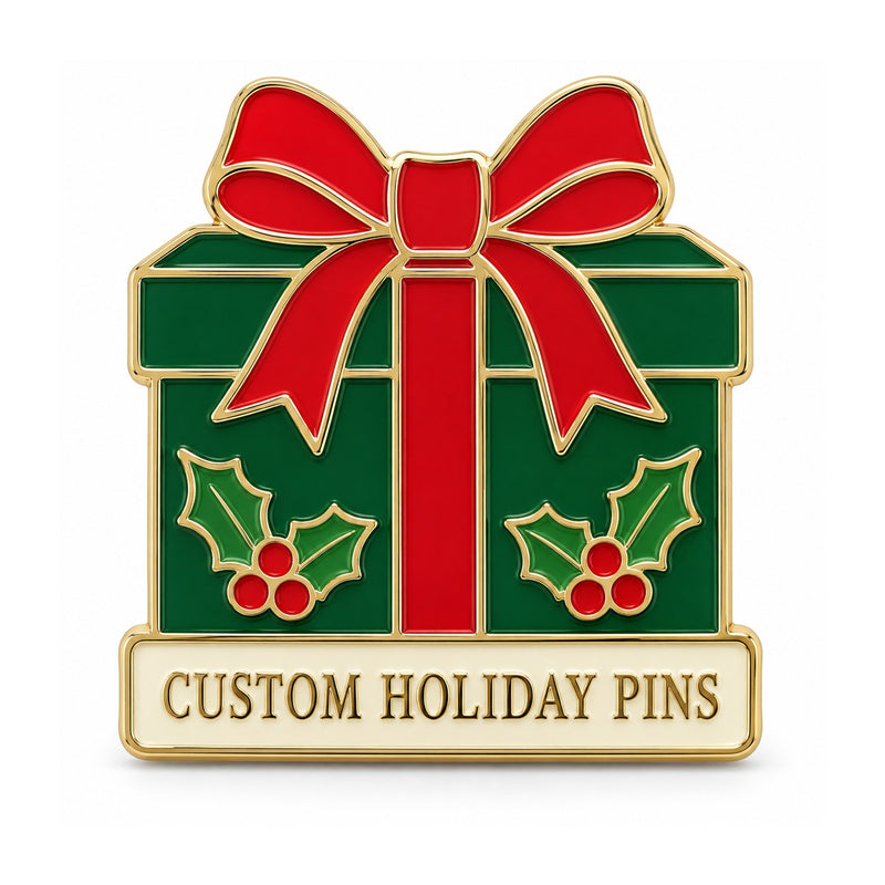 Green Christmas gift box custom holiday pin with a red bow on white