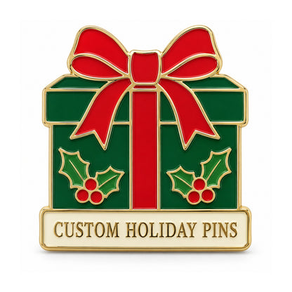 Green Christmas gift box custom holiday pin with a red bow on white