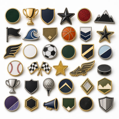 Custom hat pin design options including custom shapes enamel colors and metal finishes