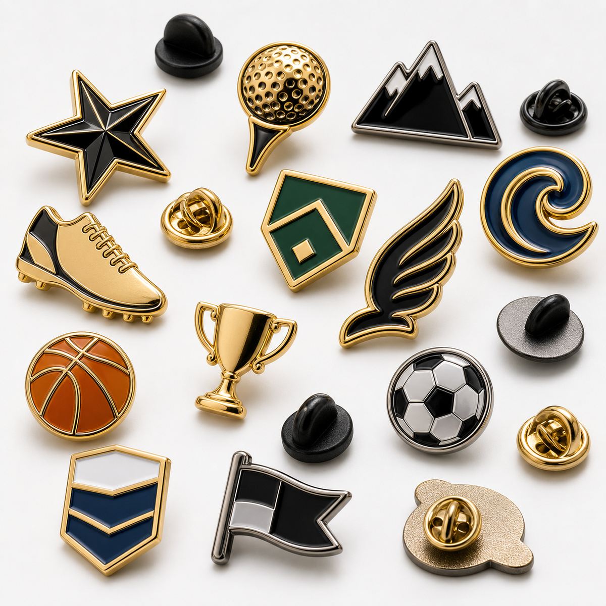 Close up details of custom hat pins with enamel finish metal edges and pin backs