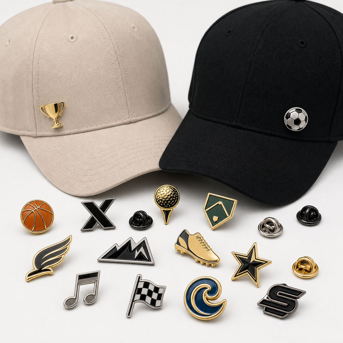 Custom hat pins displayed as enamel and metal cap pins for teams brands and events
