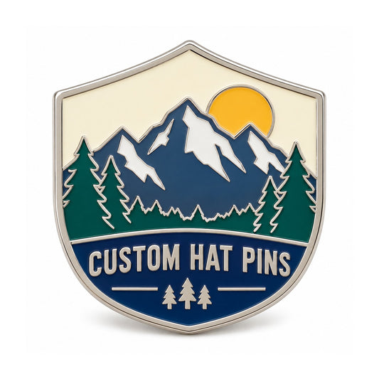 Mountain landscape custom hat pin with pine trees and sunset on white