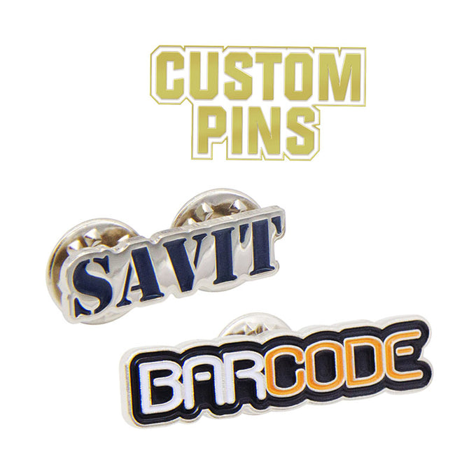 Custom Letter Pins in Silver and Black Nickel with 3D Raised Custom Text Designs On Distinct Geometric and Curved Bar Shapes For Corporate Branding