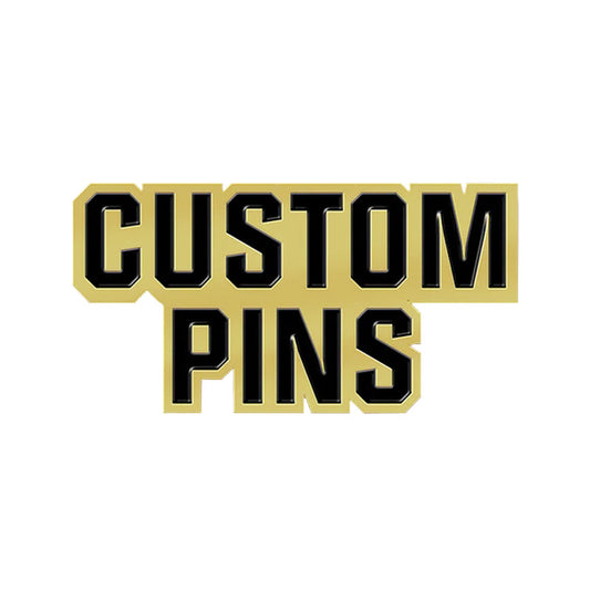 Custom Letter Pins in Gold with 3D Raised Borders and Bold CUSTOM PINS Text for Branded Promotional Use