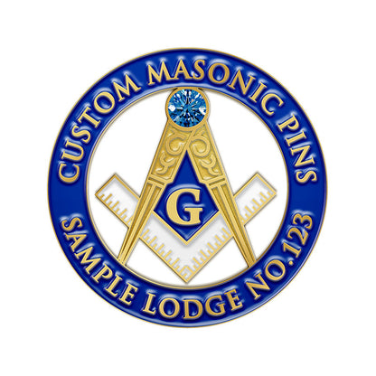 Custom Masonic Pins in Gold with Blue and White Square and Compass Emblem Centered by a Blue Gemstone Featuring Circular Custom Text Border For Lodge Recognition And Brotherhood