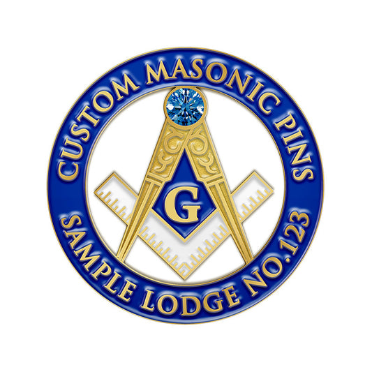 Custom Masonic Pins in Gold with Blue and White Square and Compass Emblem Centered by a Blue Gemstone Featuring Circular Custom Text Border For Lodge Recognition And Brotherhood