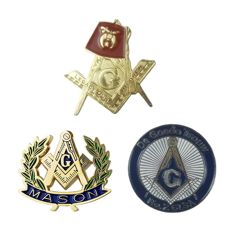 Custom Masonic Pins in Gold Featuring Three Distinct Designs with Flag Emblem, Olive Branch Accents, and Circular Square and Compass Badge Featuring Custom Text