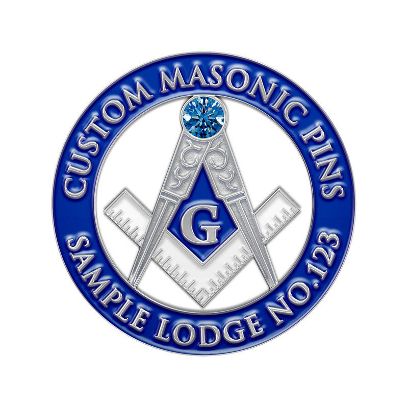 Custom Masonic Lapel Pins in Silver and Blue Hard Enamel Featuring Compass and Square Emblem With Central Silver Letter G and Blue Gemstone and Custom Text Including Sample Lodge No 123 For Fraternal Recognition And Commemorative Use