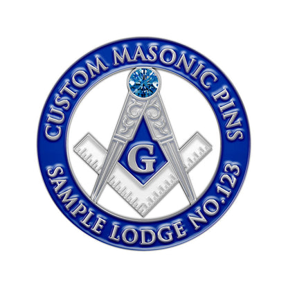 Custom Masonic Lapel Pins in Silver and Blue Hard Enamel Featuring Compass and Square Emblem With Central Silver Letter G and Blue Gemstone and Custom Text Including Sample Lodge No 123 For Fraternal Recognition And Commemorative Use