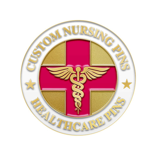 Custom Nursing Pins in Gold with Circular Red Cross Design Featuring Winged Caduceus Medical Symbol and Custom Text For Healthcare Professional Recognition