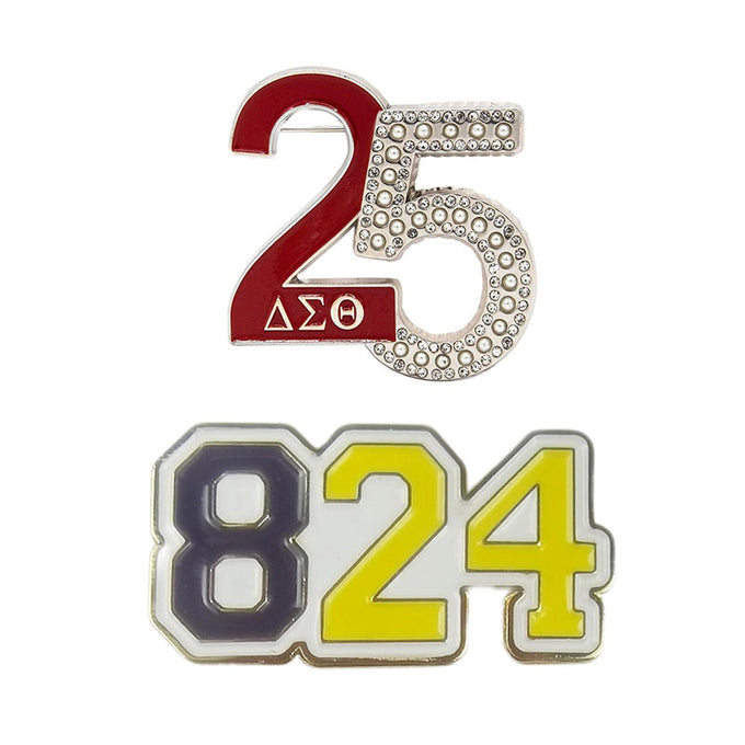 Custom Number Pins for Team and Club Identification Featuring Custom Numerals 25 and 824 in Distinct Red, Silver Pearl, Navy Blue, and Yellow Color Schemes