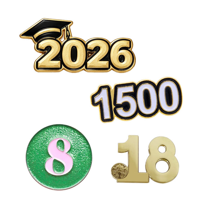 Custom Number Pins Featuring Custom Numerals 2026 With Graduation Cap 1500 In Black Border 8 On Green Circle And 18 In Gold For Team Club And Event Identification